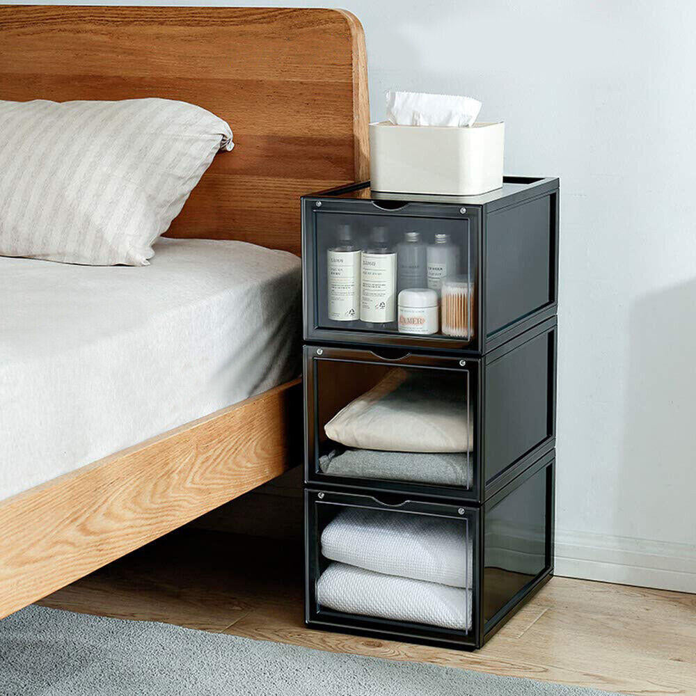 Zapatero Magnético Transparente, Pack 4 Cajas Almacenamiento de Zapatos Apilables, (Cajas Negras) , Caja de almacenamiento.