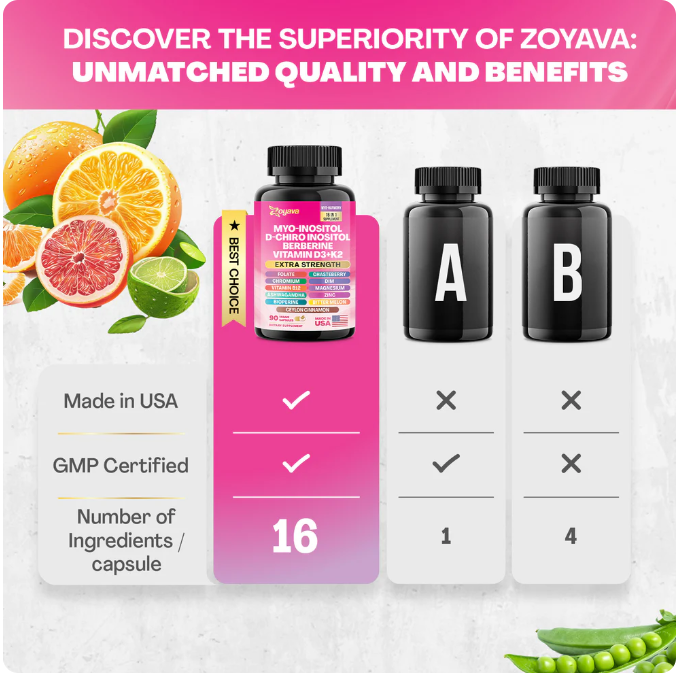 Suplemento para las hormonas-Myo-Inositol + D-Chiro Inositol + Berberina + Vitamina D3 + K2 – 90 Cápsulas