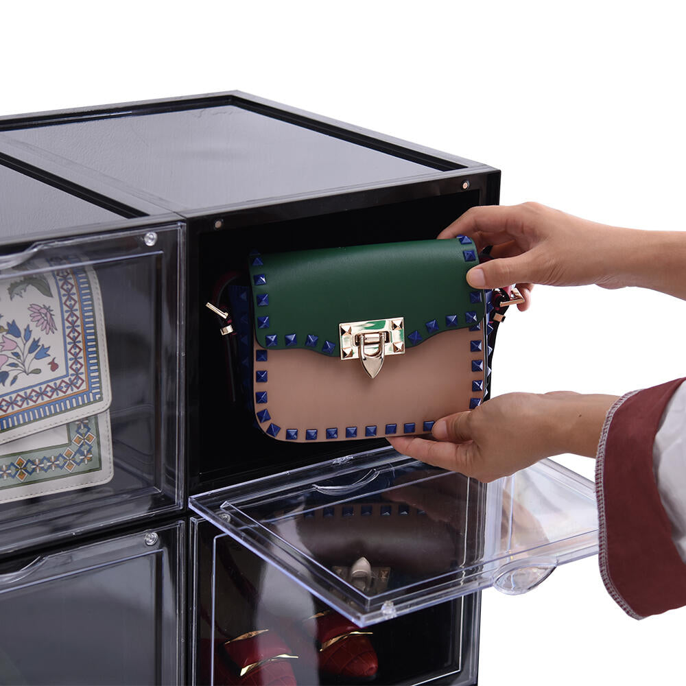 Zapatero Magnético Transparente, Pack 4 Cajas Almacenamiento de Zapatos Apilables, (Cajas Negras) , Caja de almacenamiento.