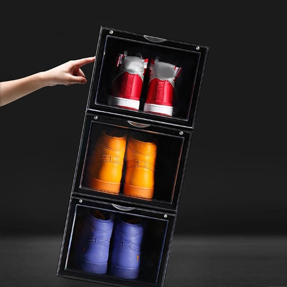 Zapatero Magnético Transparente, Pack 4 Cajas Almacenamiento de Zapatos Apilables, (Cajas Negras) , Caja de almacenamiento.