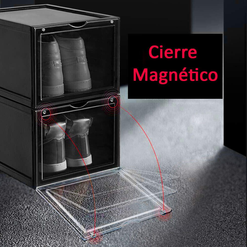Zapatero Magnético Transparente, Pack 4 Cajas Almacenamiento de Zapatos Apilables, (Cajas Negras) , Caja de almacenamiento.