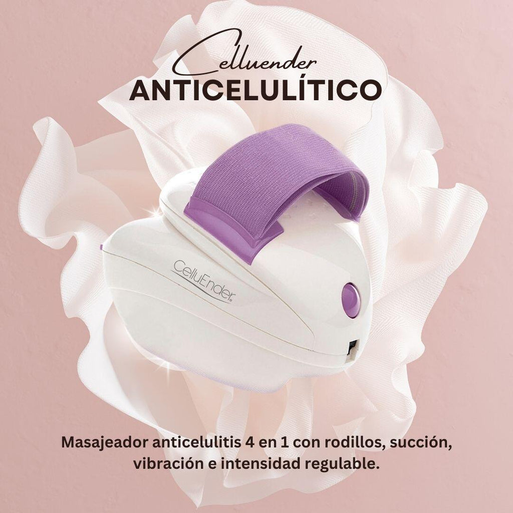 Masajeador anticelulitis 4 en 1 con rodillos, succión, vibración e intensidad regulable.